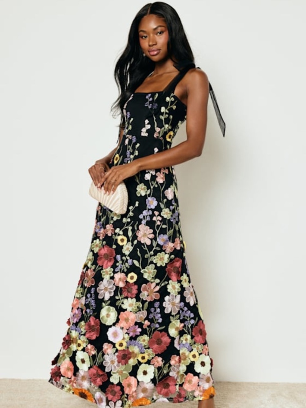 Lulus Thriving Poise Black 3d Floral Embroidered Tie-strap Maxi Dress - Size XL